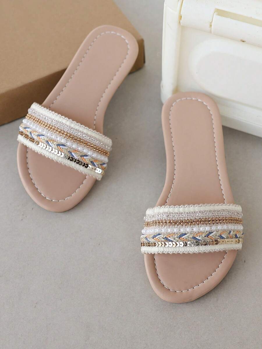 2025夏季新款女童亮片人字拖，平底，休闲，透气，轻便，舒适沙滩拖鞋 - 米色 - 查看 1