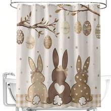 Cortina de ducha con diseño de huevos de Pascua, cola de conejo de primavera y tela a cuadros caqui y marrones, divertida cortina de ducha para baño y decoración del hogar en verano