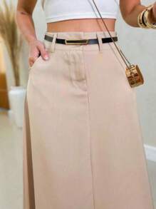 Elegant Long Tailored Evangelical Skirt For Women With Belt, Flared Social Model - 米色 - 查看 2