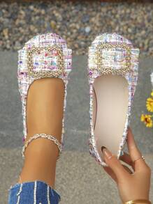 New Fashion Versatile Mary Jane Flats With Colorful Metallic Flower Buckle Decor, Round Toe, Casual Slip-On Soft Bottom Ballet Shoes For Women, Random Pattern - Pastel - View 2