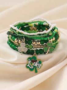 8pcs/Set Bohemian Clover Openable Box Heart Pendant Beaded Bracelet Stacking Bracelets, Suitable For Women Beach Holiday Casual Party Club Accessories - Green - View 2