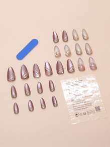 24 件杏仁形扎染棕色水钻猫眼闪光假指甲套装包括 1 件果冻凝胶和 1 件指甲锉，浪漫秋冬金属装饰指甲女士美甲，适合生日、工作、约会按压指甲美甲用品 - 彩色 - 查看 2