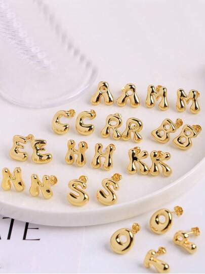 1 对 A-Z 首字母可爱泡泡耳钉，男女通用金色/银色可调节 18K 镀金铜耳环，情人节礼物、妈妈、母亲、母亲节、礼物