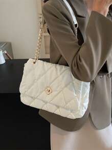 Women's Shoulder Bag Diamond Embroidery Line Flip Soft Bag Pillow Bag Large Capacity Portable Fashion Bag - White - View 6