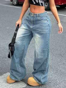 女式宽松直筒复古风男友风牛仔裤