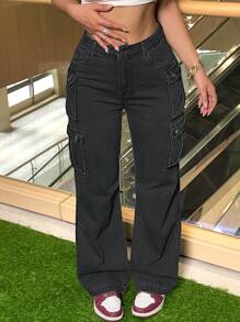 Women's Plus Size Cargo Jeans - Straight Leg Workwear Denim Pants With Utility Pockets, Streetwear Oversized Tactical Pants For Curvy Women, Comfort Stretch Wide Leg - 黑色 - 查看 3