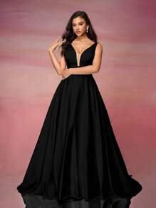 Satin V-Neck A-Line Hem Wedding Dress,Bride - Black - View 3