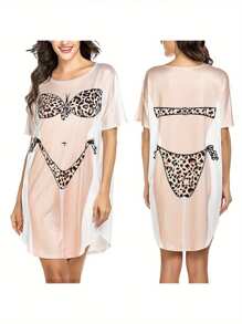 Women Plus Size Summer Casual Dress, 3D Bikini Print Round Neck Short Sleeve Relax-Fit One Piece For Ladies, L/XL/XXL - Tan - View 3