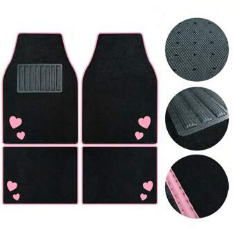 Set van 4 roze hartvormige auto-vloermatten - Premium auto-interieurmat, gemaakt van PVC-materiaal met borduurtechniek, antislippedaal, auto-accessoires voor autostoelbescherming en interieur