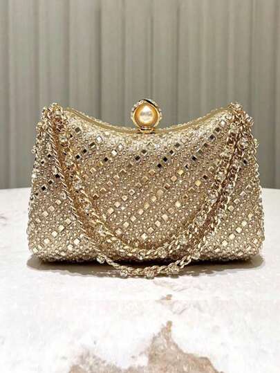 Dedoo 1pc Shiny Gold Rhinestone Decor Handbag, Fashionable & Elegant Women's Clutch Purse, Suitable For Evening, Wedding, Cocktail Party, Banquet