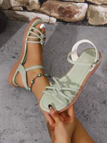 New Women Sandals, Spring & Summer Fairy Style Tie Up Sandals With Dresses, Soft Bottom Flat Sandals, Fashionable Versatile Comfortable Gentle One-Buckle Strap Sandals