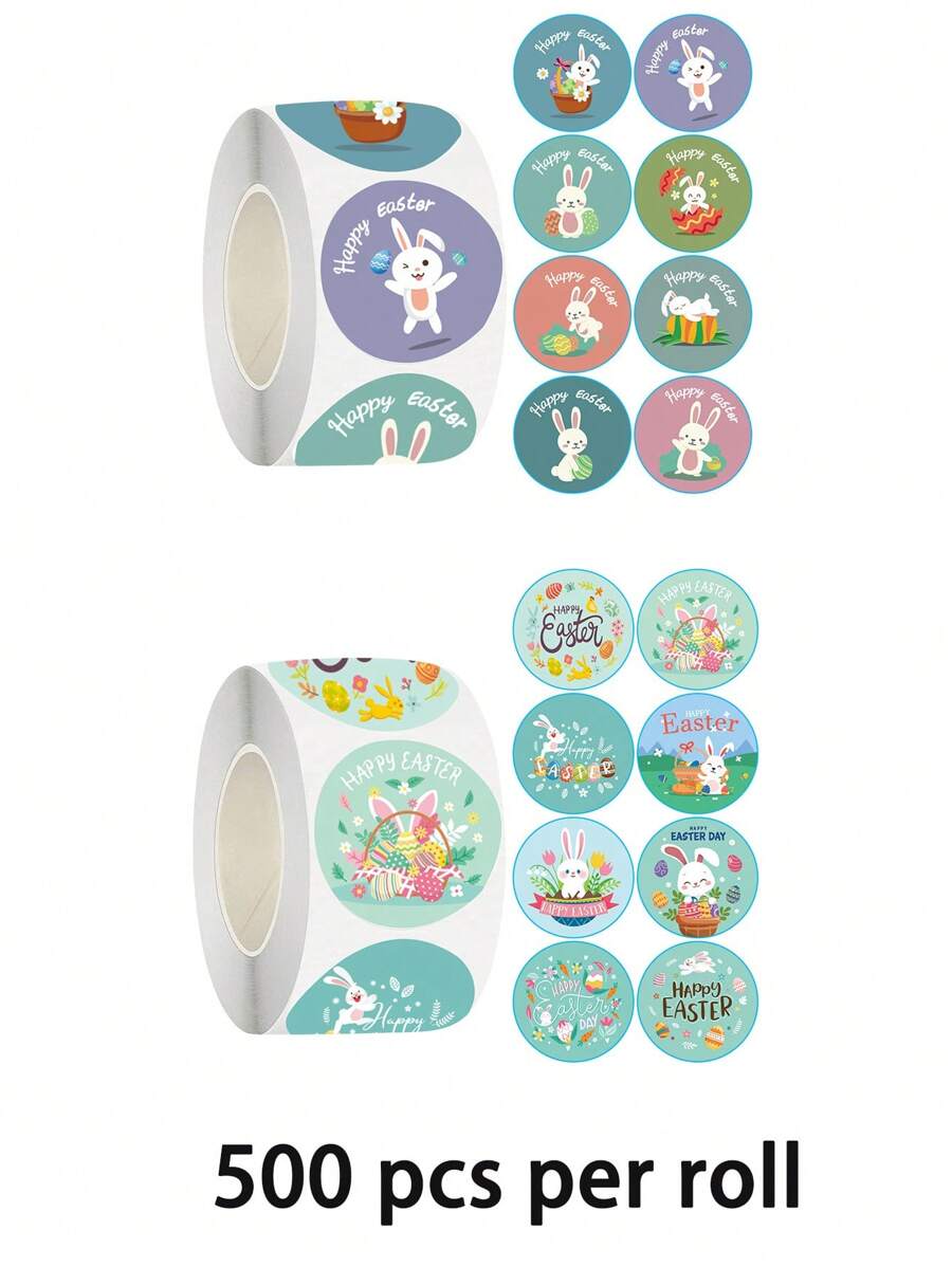 500张复活节快乐贴纸 1英寸兔子贴纸 可爱鸡蛋贴纸 适用于复活节信封奖励贴纸、复活节派对用品、礼品装饰、礼品袋包装袋 - 彩色 - 查看 1