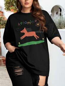 Meme Ketamine Horse Dressage Oversize Women T-Shirt For Ladies (Large Size) - Animal Cats Cows Equestrian - Black - View 1