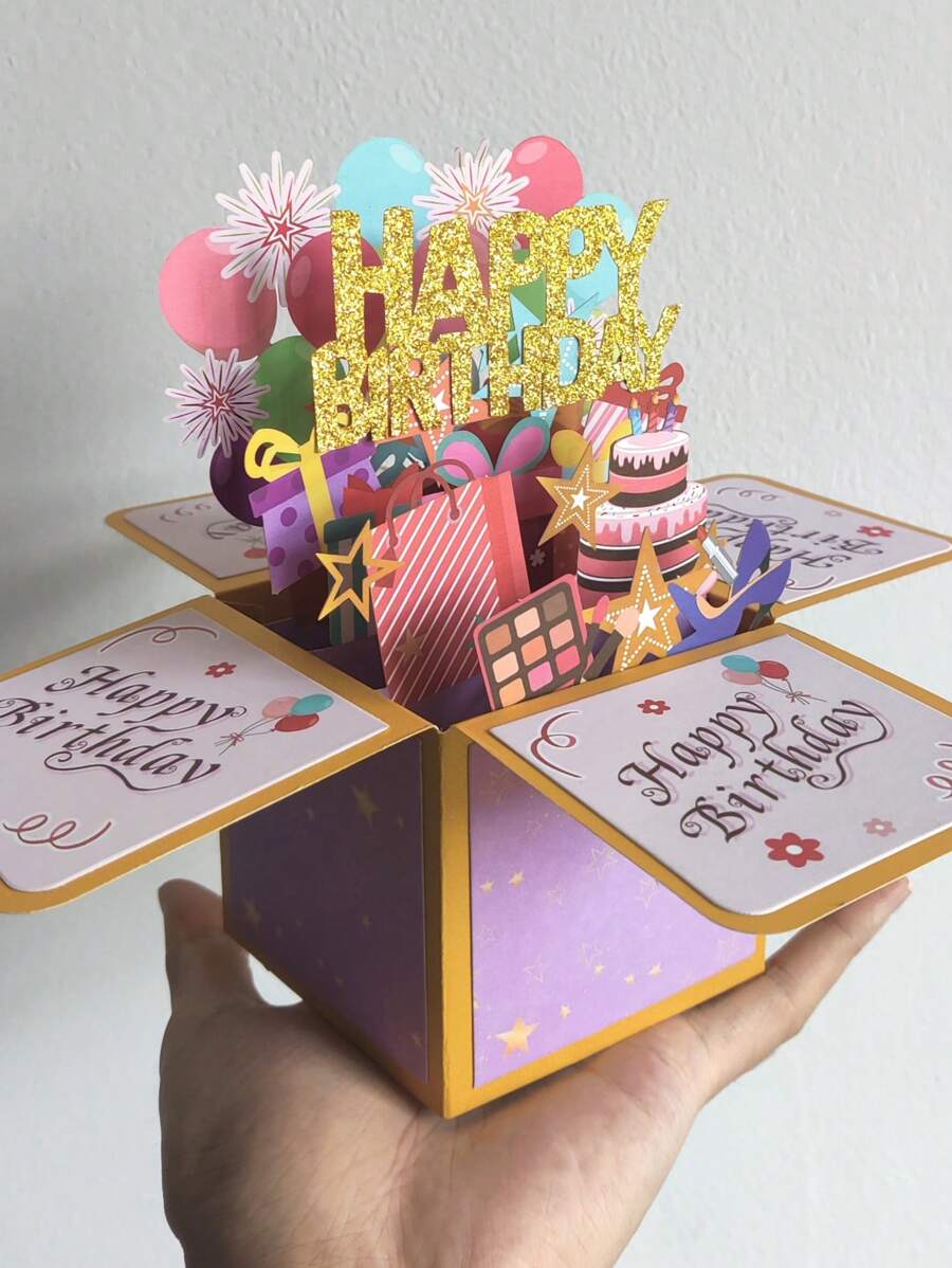 1pc Purple Golden Happy Birthday Pop Up Card 16th/18th/40th/50th/60th Birthday Card With Note And Envelope Adult Birthday Gifts For Daughter, Husband, Wife, Men, Women, Mom 3D Pop Up Birthday Greeting Card Birthday Decoration - Black - View 1
