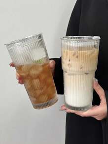 1 件创意水杯，新款条纹竹纹玻璃杯，高美感家用/办公室咖啡杯带盖和吸管回到学校