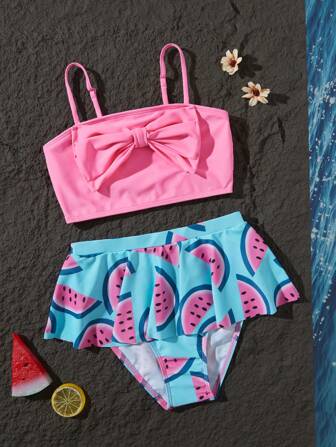 Tween Girls Bowknot & Watermelon Print Swimwear Set