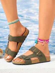 女式時尚厚底拖鞋,金屬扣裝飾,輕盈舒適,適用室內外活動 - 軍綠色 - 查看 2