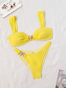 女士优雅纯色系带两件套，海星装饰设计，适合圣诞节、海滩派对等场合。2026夏季女士沙滩装，夏季度假黄色比基尼套装 - 黃色 - 查看 2