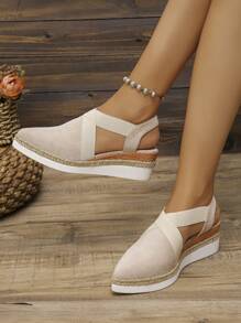2025 Giày Sandal Đế Dày Mũi Kín Dây Đeo Chéo Đàn Hồi Có Nắp Cho Nữ, Gót Cao Đế Xuồng, Kiểu Châu Âu & Mỹ Đầu Thu Mới Về - Màu be - Xem 3