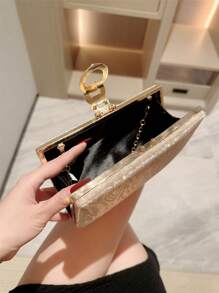 1pc Glittering Box Clutch, Luxury Metallic Glitter Leather Evening Bag, Fashion Rhinestone Decor Women's Handbag, Suitable For Formal Party, Wedding, Date, Gathering Events, Comes With Chain, Prom Bag For Party - Gold - View 7