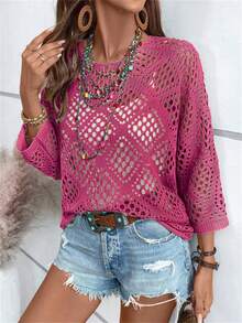 Women V-Neck Rhombic Hollow-Out Batwing Sleeve Knit Cover Up, Spring/Summer - Rose Red - View 4