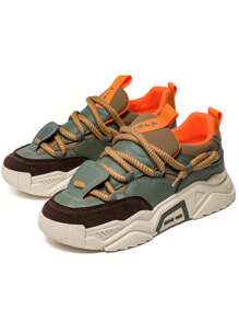 Comfortable Minimalist Stylish Outdoor Walking Casual Shoes, Urban Tie Commuting Fitness Travel Chunky Sneakers, Round Toe Low Top Color Block Versatile Add Height Sports Shoes,Large Size