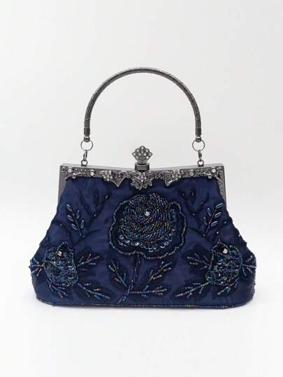 1 pezzo Borsetta da sera elegante e vintage, con decorazioni floreali in rilievo, perline e paillettes, in stile anni '20, colore blu navy, adatta a donne per feste, matrimoni, occasioni formali, come regalo per mamma, insegnante, Capodanno