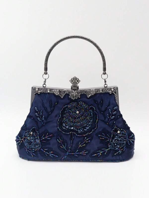 1pc Navy Blue Rose Embroidery Beaded Sequin Floral Metal Vine Handbag Design, Decorative 1920s Vintage Luxury Elegant Evening Clutch Purse, Suitable For Women For Party, Wedding, Formal Occasions, Gift For Mom, Teacher, New Year