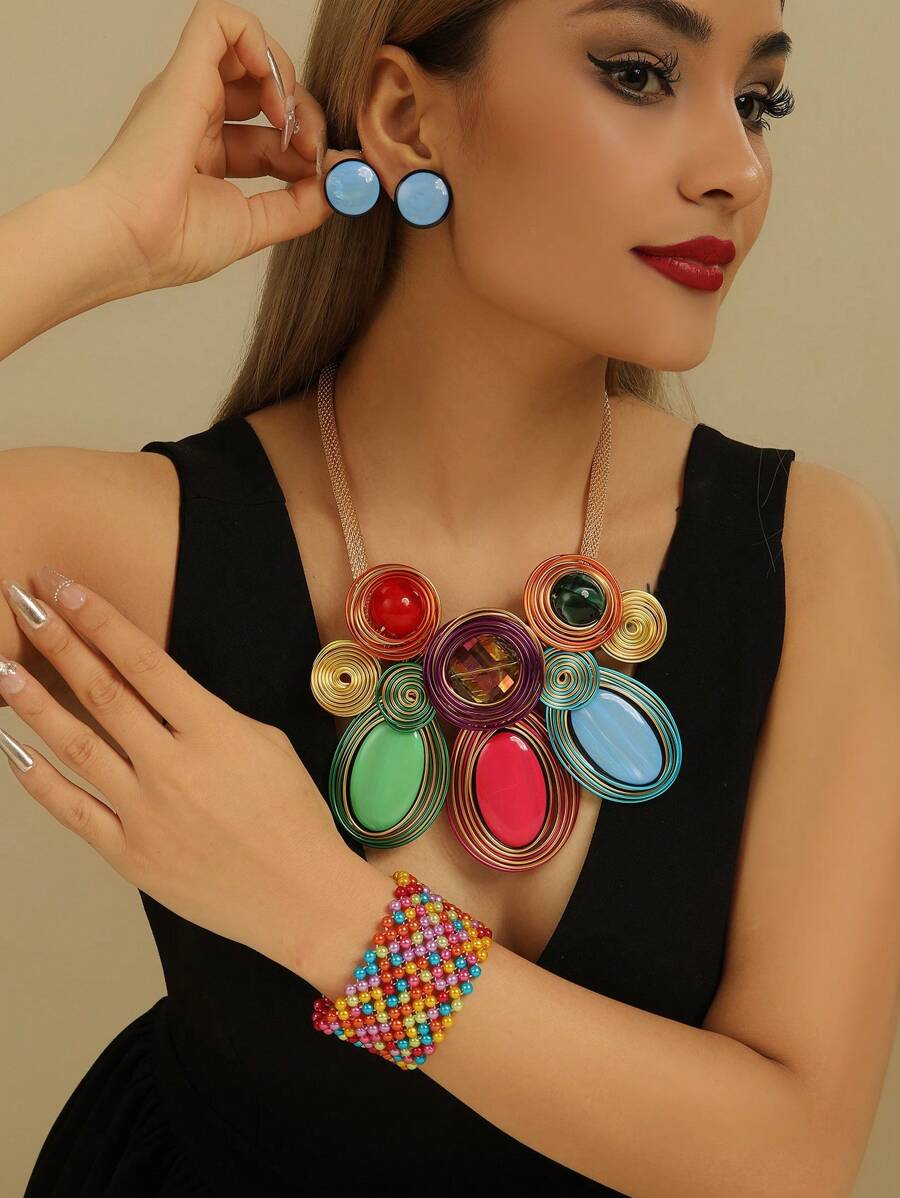 夸张多层手工串珠编织波西米亚风、欧式风、中东风、韩式风晚宴派对假日女士铝线树脂项链耳环手链套装 - 彩色 - 查看 1