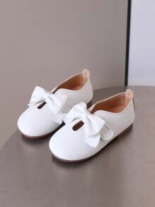 1 Pasang Sepatu Flat Anak Perempuan Lucu dengan Hiasan Pita, Bahan PU, Nyaman, dan Perekat Velcro, Cocok untuk Pemakaian Sehari-hari, Sepanjang Musim - Putih - View 2