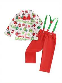 Conjunto de 2 piezas de ropa navideña para bebé niño pequeño, con pajarita, gorro de Papá Noel, estampado de bola y hombre de jengibre, camisa de manga larga con botones y tirantes - Rojo - Ver 9