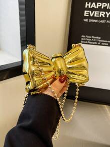 1 Túi xách mini hình con bướm thời trang, dành cho nữ, Túi đeo chéo bằng acrylic, có dây đeo vai xích có thể tháo rời, Khóa cài, Không tráng men, Màu trơn, Chi tiết nơ, Túi đựng đồ ăn tối - Vàng - Xem 7