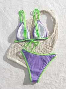 New Soft Front-Tie Adjustable Dual Skinny Strap Backless Beach Party Spaghetti Strap Bikini Set, Summer Beach Fashionable Elegant Ladies Swimwear