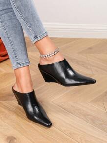 Women's Fashion Korean Style Square Toe Wedge Heel Slip-On Mules, Handmade Pleated Versatile Casual Loafers High Heels - Black - View 3