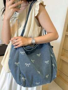 New Korean Casual Fashion Versatile Blue Highly Attractive Bow Washed Canvas Tote Bag For Commuting, Travel, Shopping, Student Back To School, Large Capacity Sweet Lady Handbag, Artistic Style School Bag & Book Bag For Women Or Students, Perfect For Books, Shopping, Back To School And More, Fashionable Bow Purse For Women