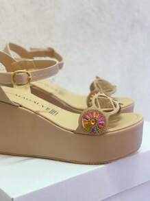 Sandalia Plataforma  Mujer cómodos, Ajuste Tobillo,de lentejuelas con estampado de girasoles - Dorado - Ver 2
