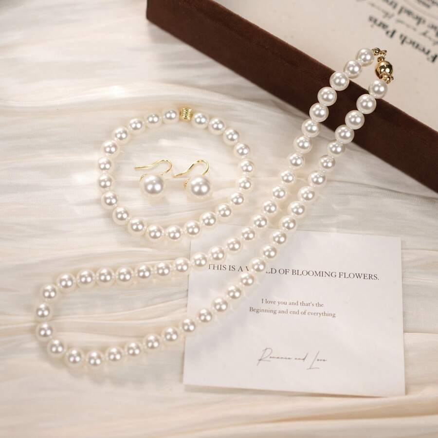 3pcs/Set Fashionable Minimalist Cute Crystal Material Pearl Earrings,Bracelet And Necklace Jewelry Set For Women, Suitable For Daily Wear, Party And Banque - Three Piece Suit - View 1