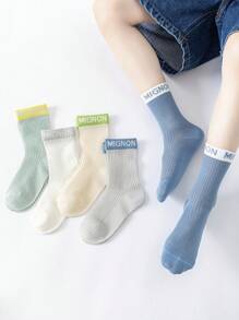5 Pairs Boys Thin Mesh Vertical Stripe & Letter Pattern Crew Socks, Fresh Colors, Breathable, Lightweight, Elastic, Ankle Height, Suitable For Spring/Summer