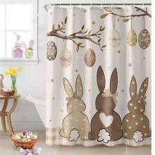 Cortina de ducha con diseño de huevos de Pascua, cola de conejo de primavera y tela a cuadros caqui y marrones, divertida cortina de ducha para baño y decoración del hogar en verano