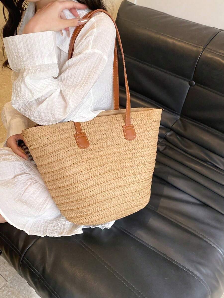 1pc Straw Tote Bag, Suitable For Vacation & Beach, Large Capacity Straw Tote Bag, Casual Woven Shoulder Bag, Shopping Bag, Mother Bag, Gift For Women - Khaki - View 1