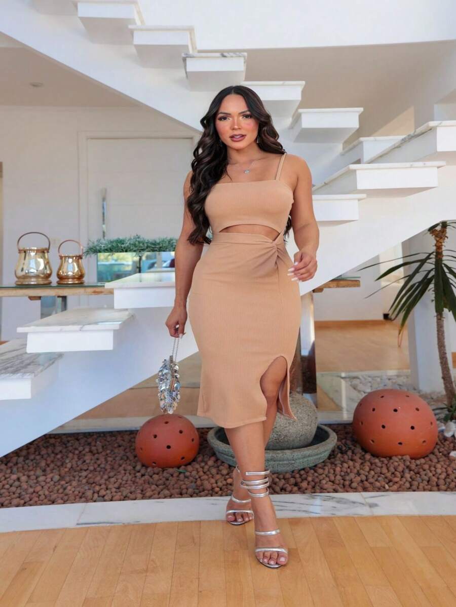 Vestido Feminino Midi canelado Anarruga com abertura lateral