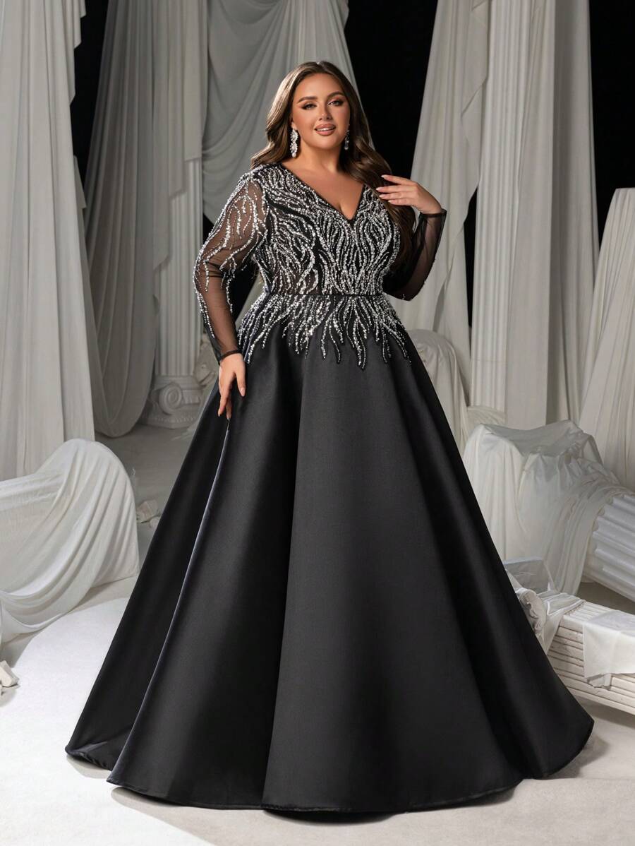 Faeriesty Plus Size V-Neck Long Sleeve Beaded A-Line Evening Gown | Formal Dress With Intricate Embellishments (Gala, Wedding Guest, Prom, Evening Party, Black Tie) - 黑色 - 查看 1