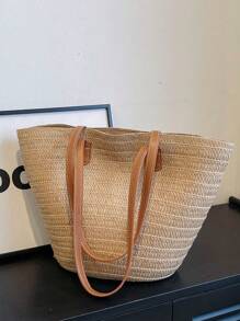 1pc Straw Tote Bag, Suitable For Vacation & Beach, Large Capacity Straw Tote Bag, Casual Woven Shoulder Bag, Shopping Bag, Mother Bag, Gift For Women - Khaki - View 5