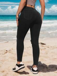 Jeans Ajustados Mezclilla, Moda Casual para Mujer, Diseño Desgastado, Juvenil. Pantalón vaquero sexy elástico negro - Negro - Ver 2