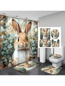 1 件/4 件圣帕特里克节兔子和桉树叶印花浴室窗帘套装，防水浴帘，带 12 个挂钩，浴室垫，U 型马桶盖，浴室装饰