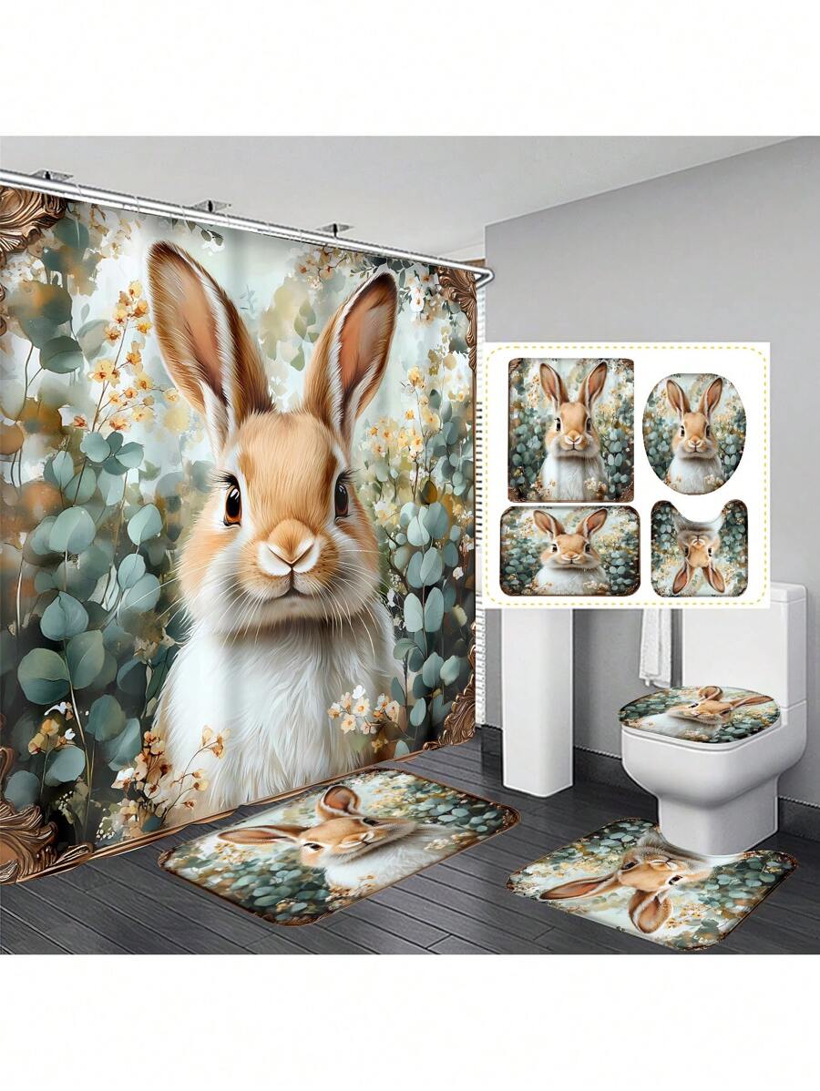 1 件/4 件圣帕特里克节兔子和桉树叶印花浴室窗帘套装，防水浴帘，带 12 个挂钩，浴室垫，U 型马桶盖，浴室装饰