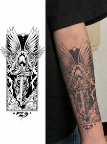 1 Piece, Angel Coming, Revolutionary Technology Tattoo, Semi Permanent Tattoo Patch, Magic Tattoo, Temporary Tattoo, Fake Tattoo, Waterproof, Realistic Tattoo, Juice Tattoo Patch, Can Last For 7 To 15 Days. - Black - View 2