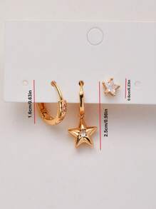 3 件套简约月亮星和心形环状耳环设计，优雅夹式耳环，配合成锆石、铜耳针，适合女性日常和派对佩戴，适合所有季节的百搭珠宝 - 3件套耳環 - 查看 7