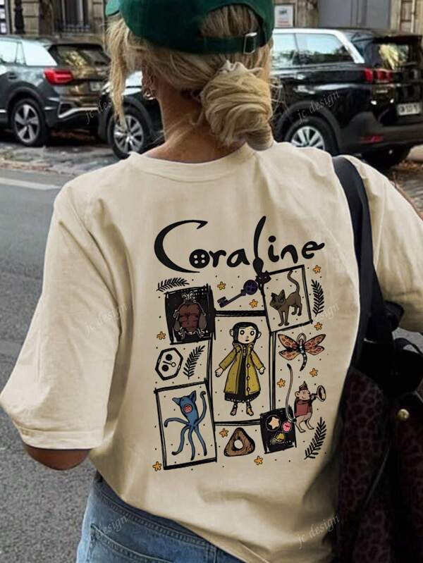 Women's Summer Cartoon And Slogan Graphic Round Neck Short Sleeved T Shirt ,Casual Loose And Versatile Holiday Style Tops,Fashionable Summer Outfits Suitable For Daily Holiday Wear