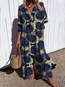 女士衬衫裙休闲连衣裙时尚休闲度假日常常规款式花卉 3/4 长袖衬衫领红色海军蓝夏季